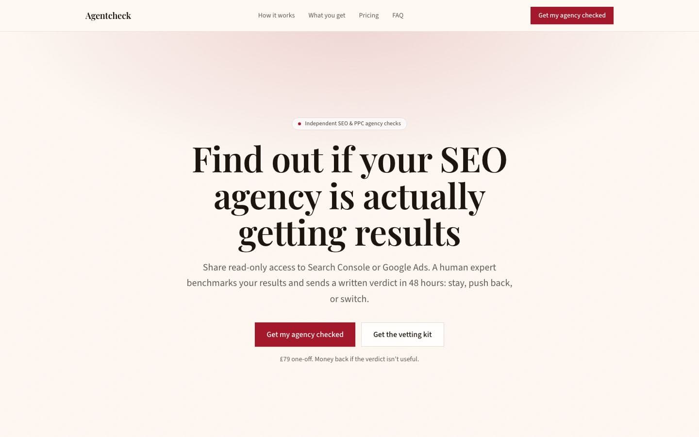 Agentcheck landing page example for the Agency Results Checker idea, desktop