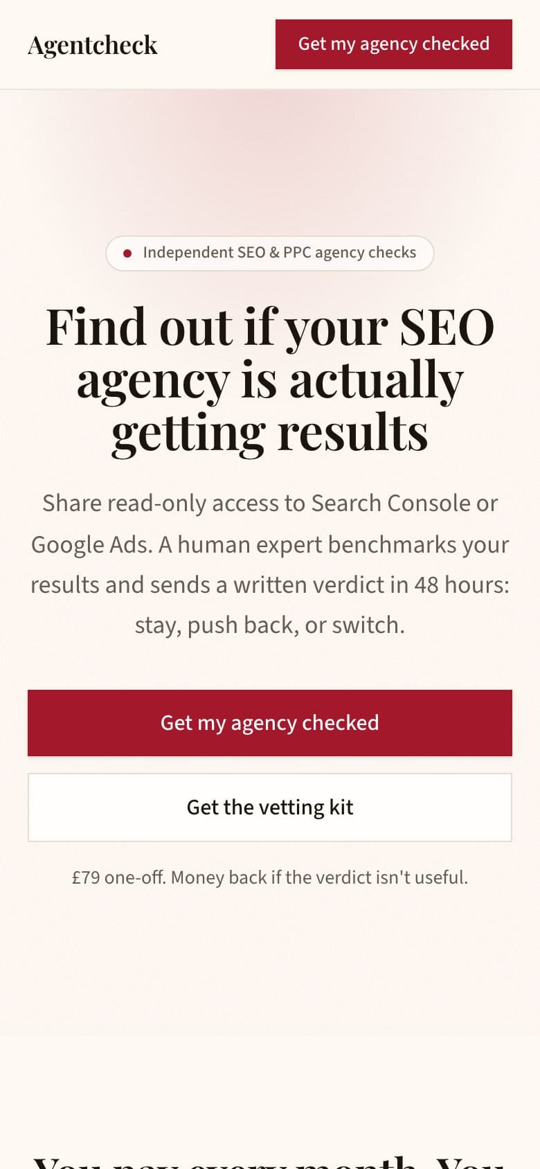 Agentcheck landing page example for the Agency Results Checker idea, phone