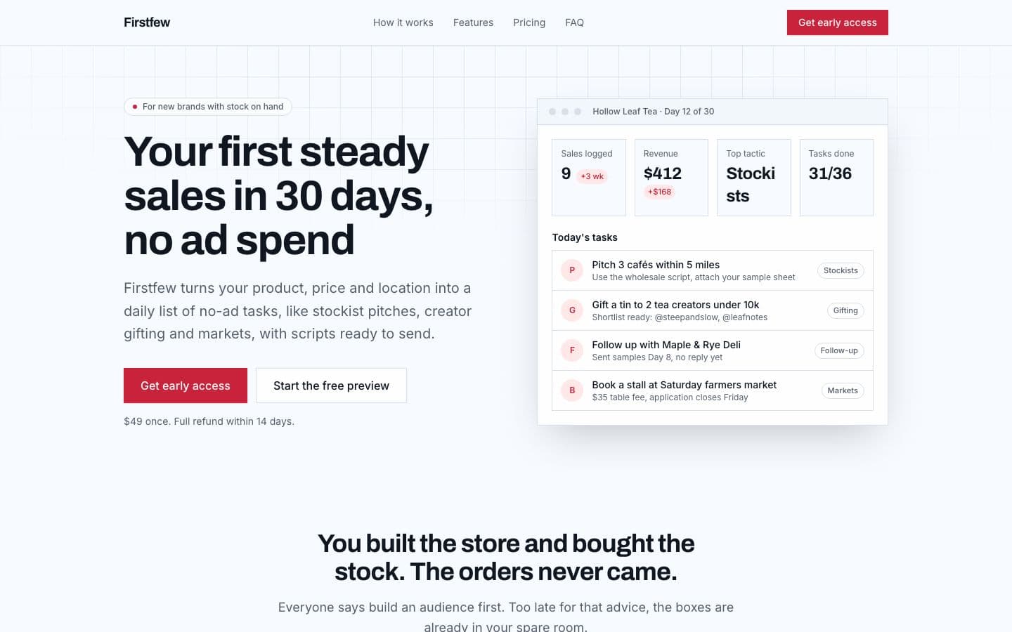 Firstfew landing page example for the First Sales Launch Plan idea, desktop