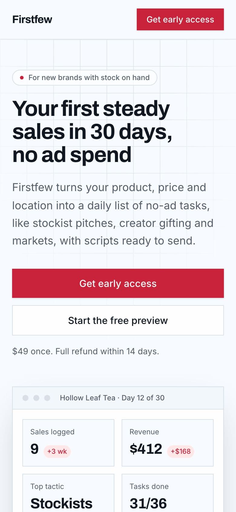 Firstfew landing page example for the First Sales Launch Plan idea, phone