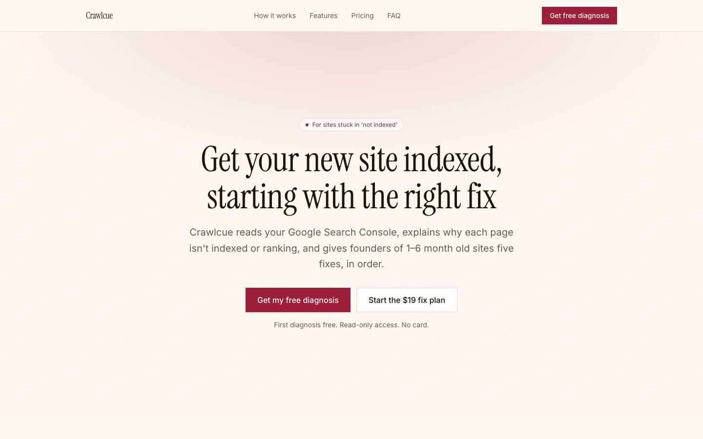 Crawlcue landing page example for the New Site Visibility Coach idea, desktop