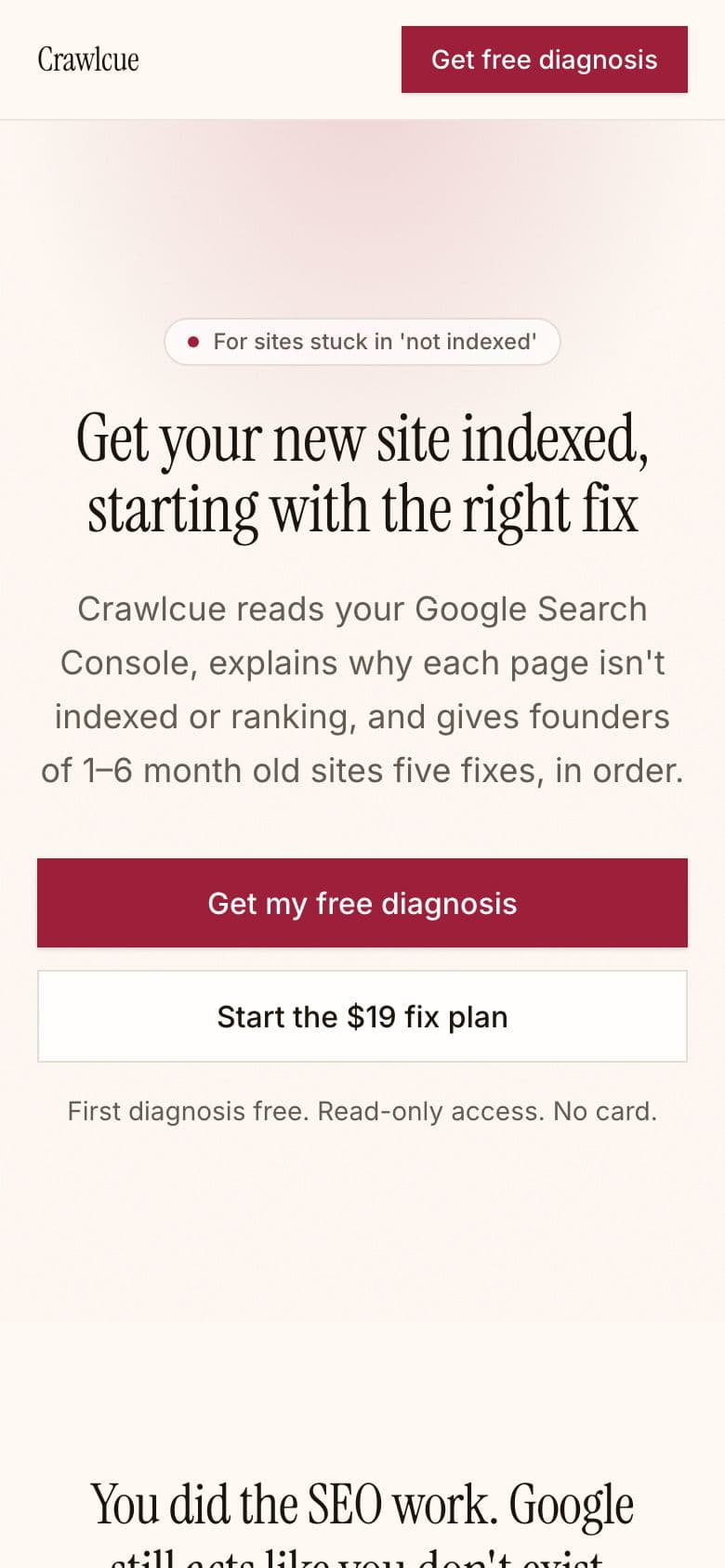 Crawlcue landing page example for the New Site Visibility Coach idea, phone
