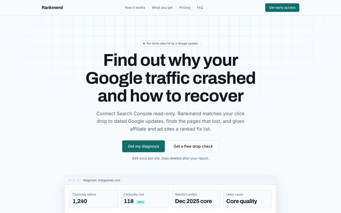 Rankmend landing page example for the Search Traffic Drop Diagnosis idea, desktop