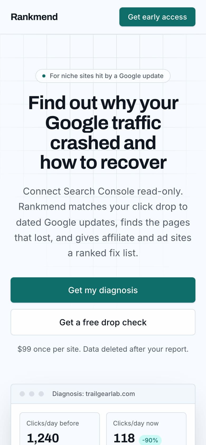 Rankmend landing page example for the Search Traffic Drop Diagnosis idea, phone
