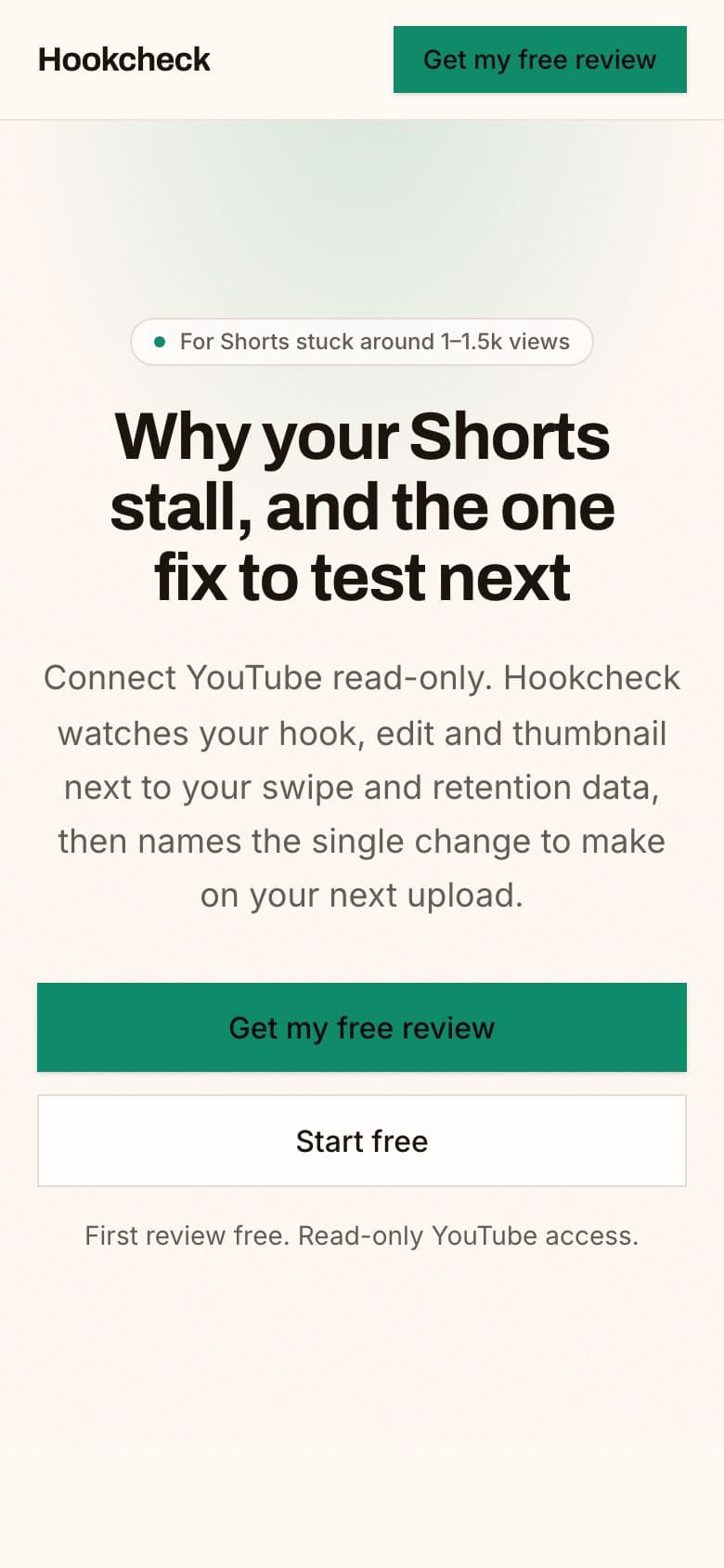 Hookcheck landing page example for the Short Video Feedback idea, phone
