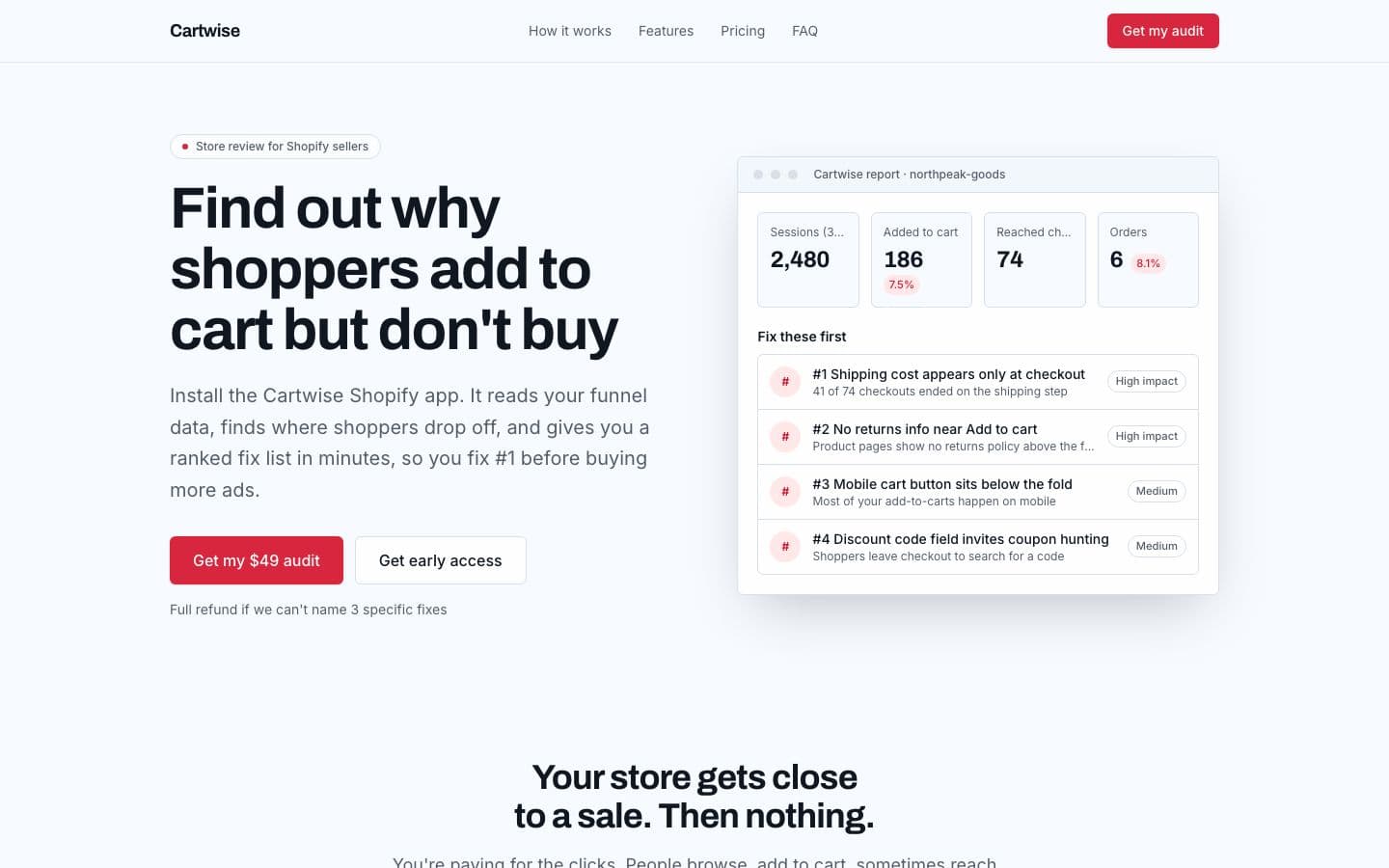 Cartwise landing page example for the Store Conversion Audit idea, desktop
