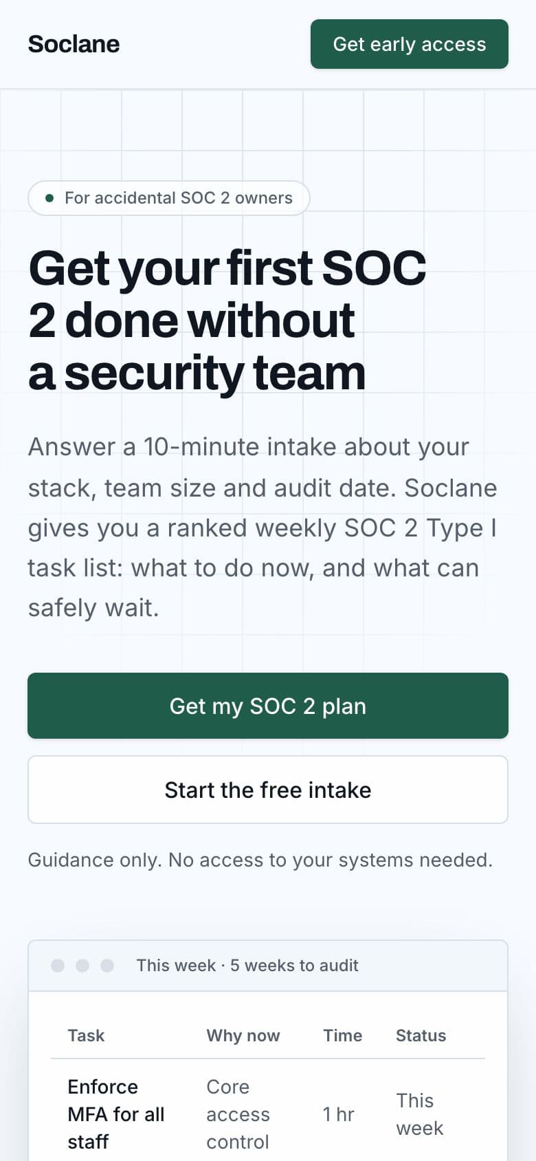 Soclane landing page example for the First SOC 2 Starter Kit idea, phone