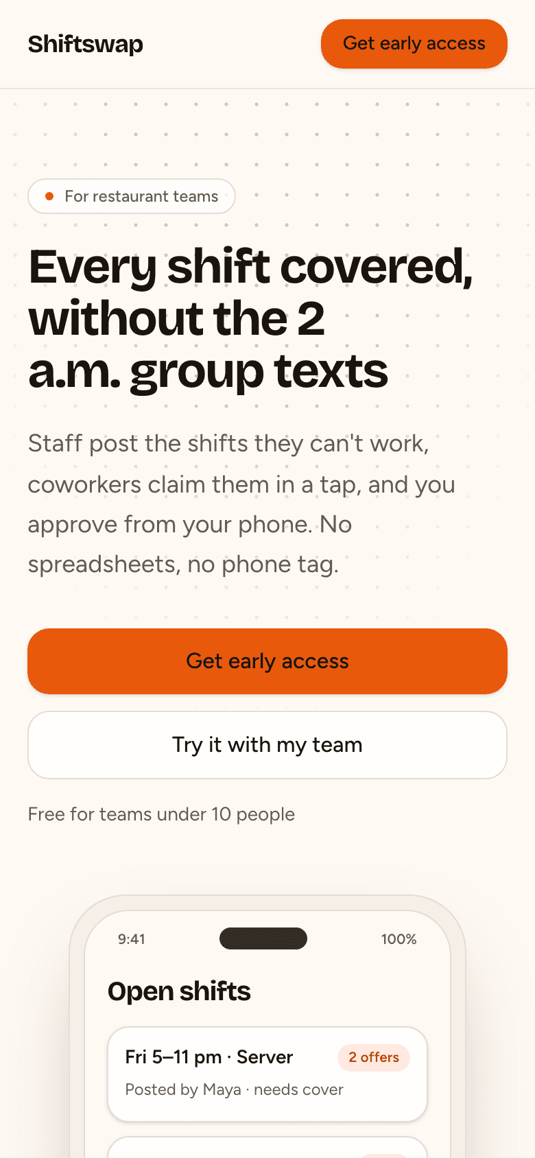Shiftswap's landing page on a phone