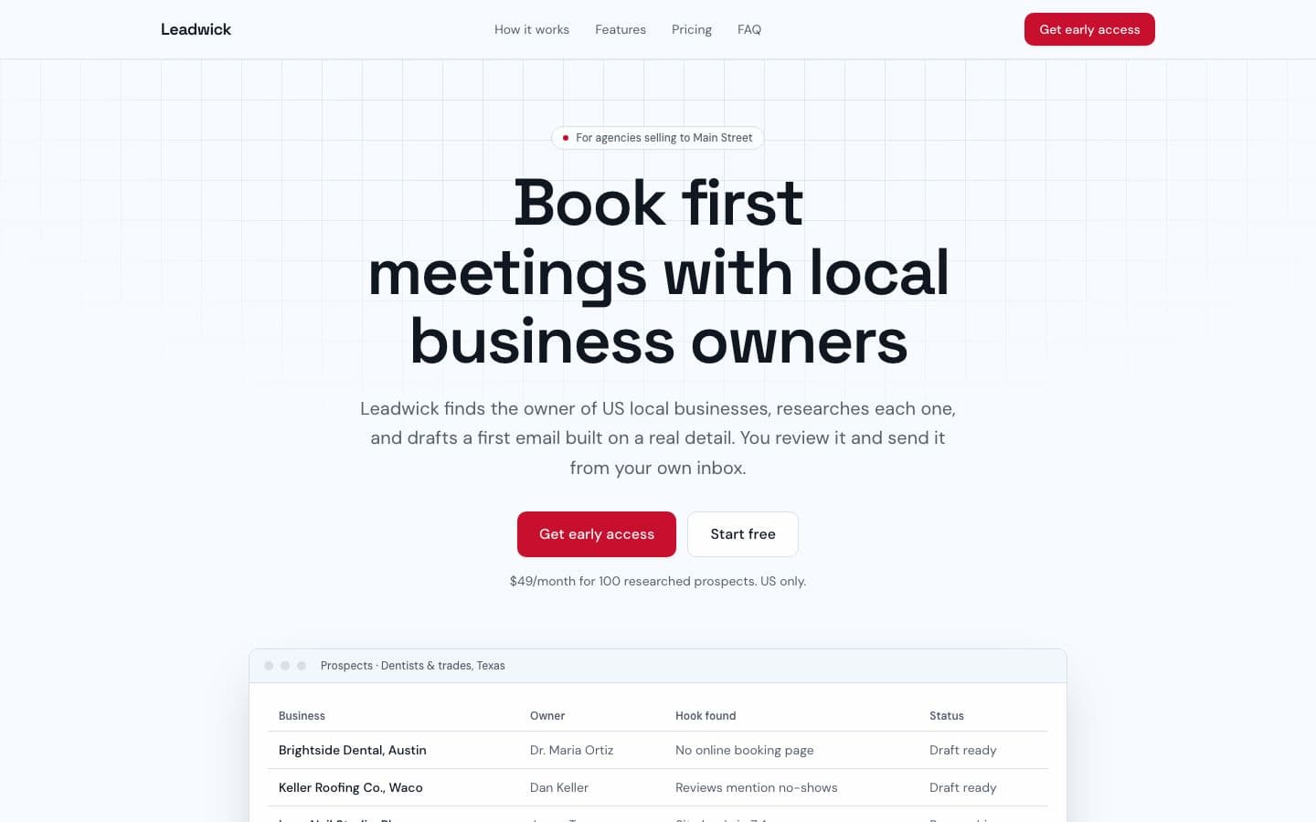 Leadwick landing page example for the B2B Outreach for Small Agencies idea, desktop