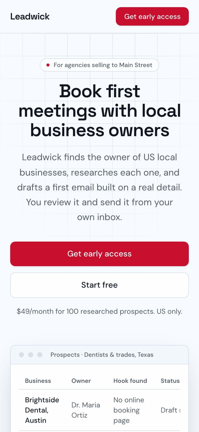 Leadwick landing page example for the B2B Outreach for Small Agencies idea, phone