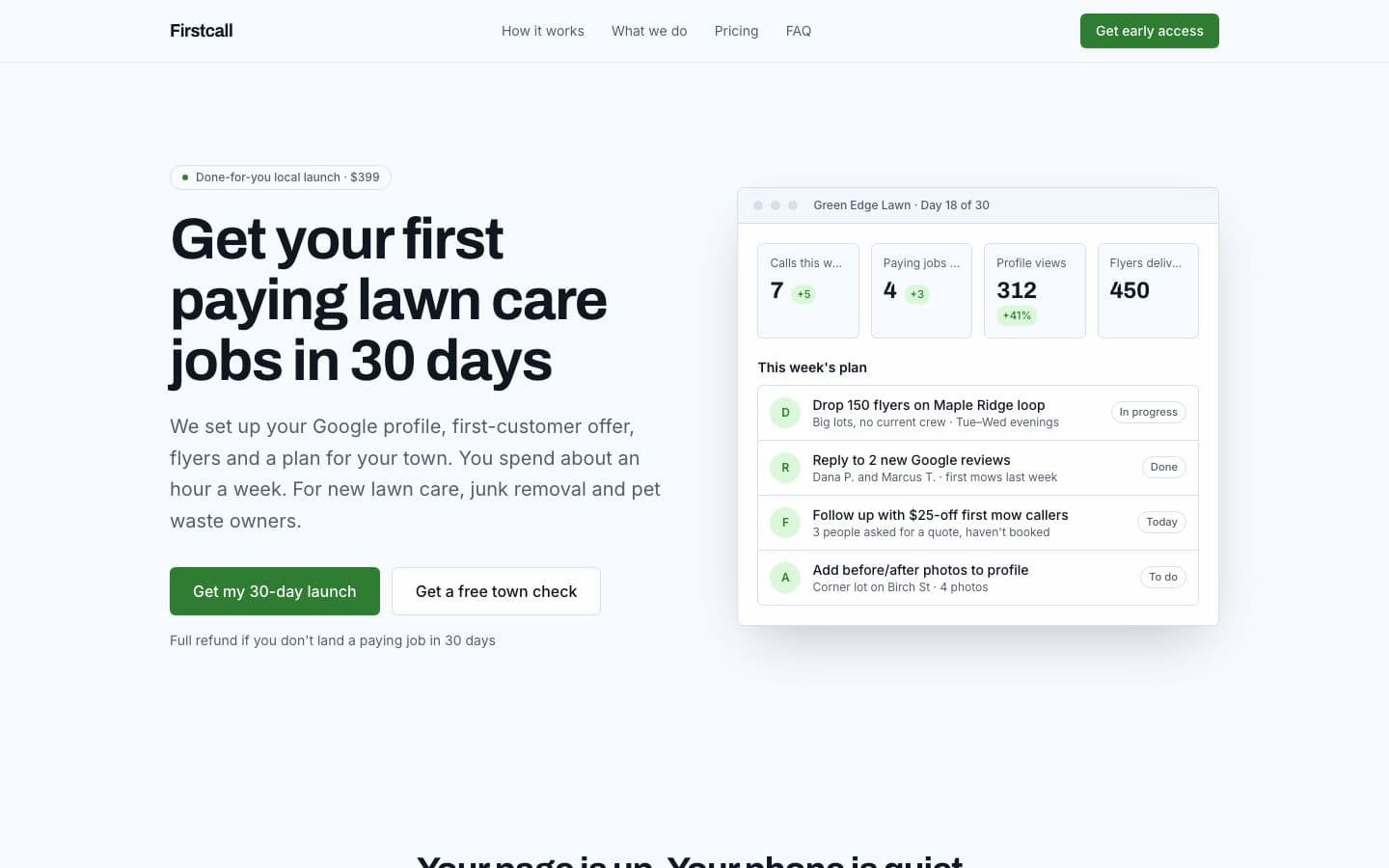 Firstcall landing page example for the First Customers for Local Services idea, desktop