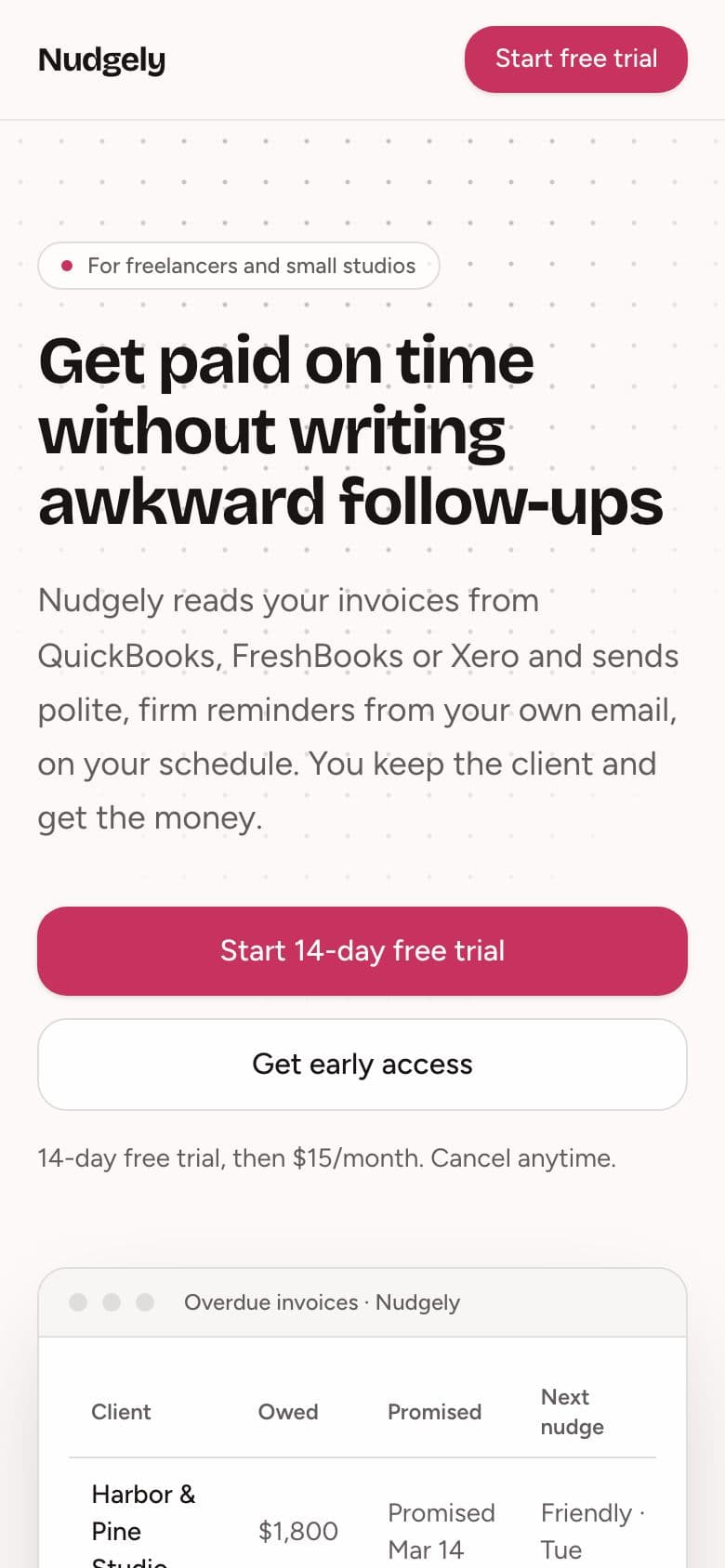 Nudgely landing page example for the Late Invoice Chaser idea, phone