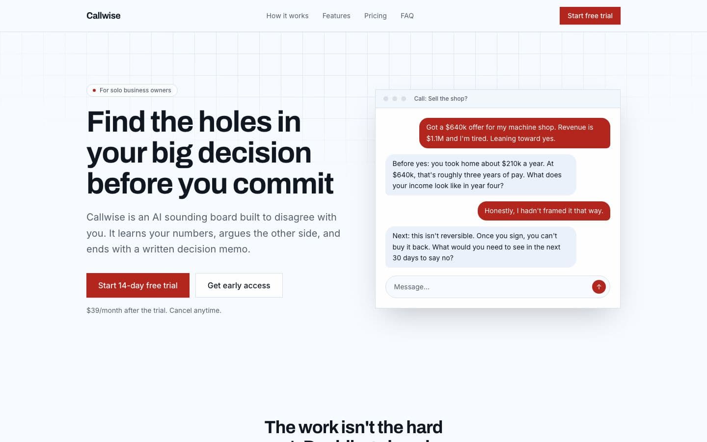Callwise landing page example for the Owner Decision Sounding Board idea, desktop
