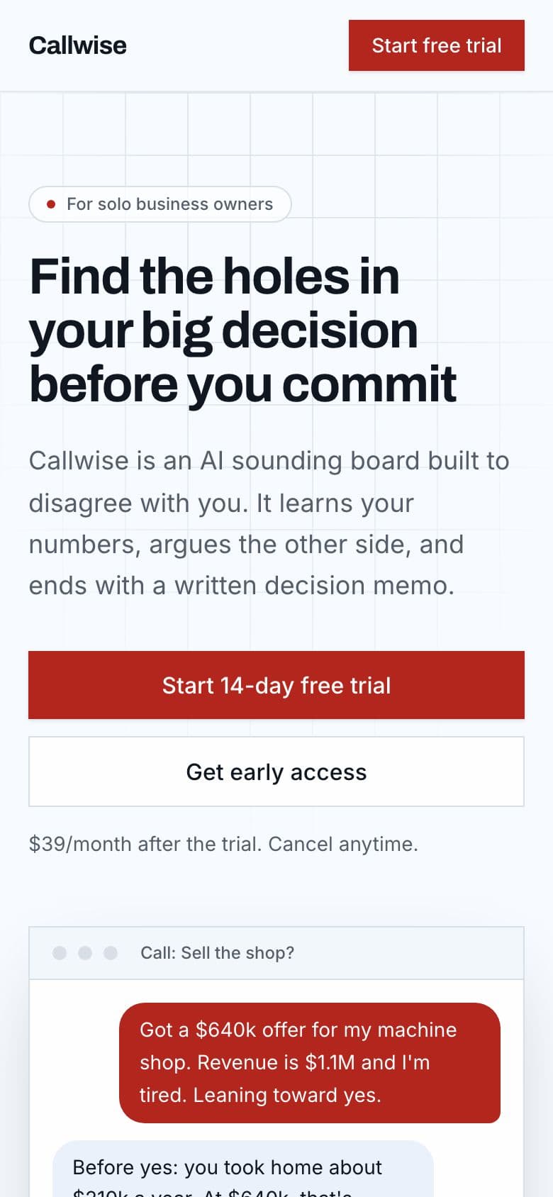 Callwise landing page example for the Owner Decision Sounding Board idea, phone