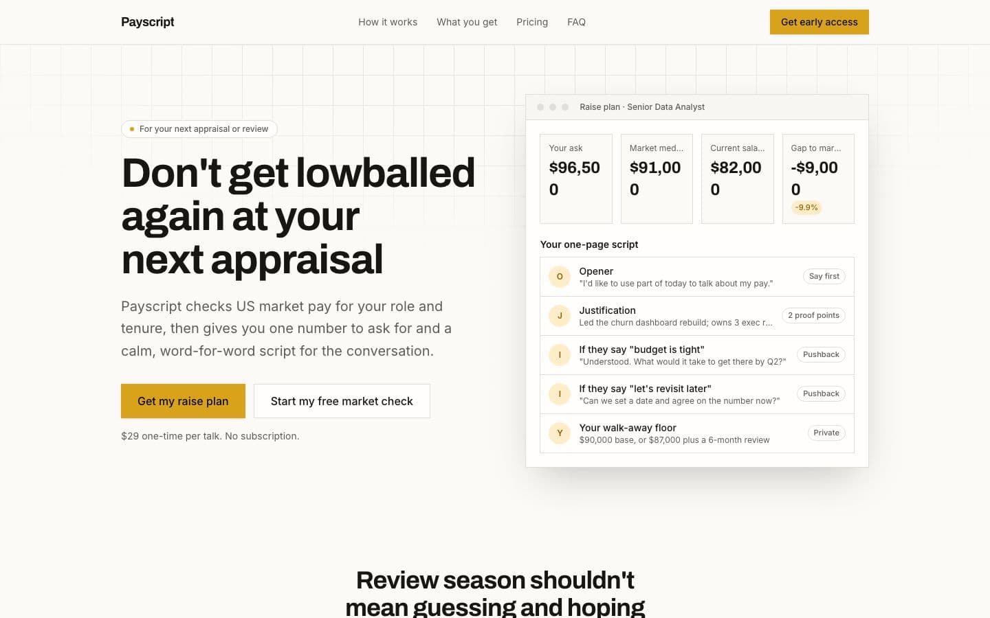 Payscript landing page example for the Raise and Offer Prep Coach idea, desktop