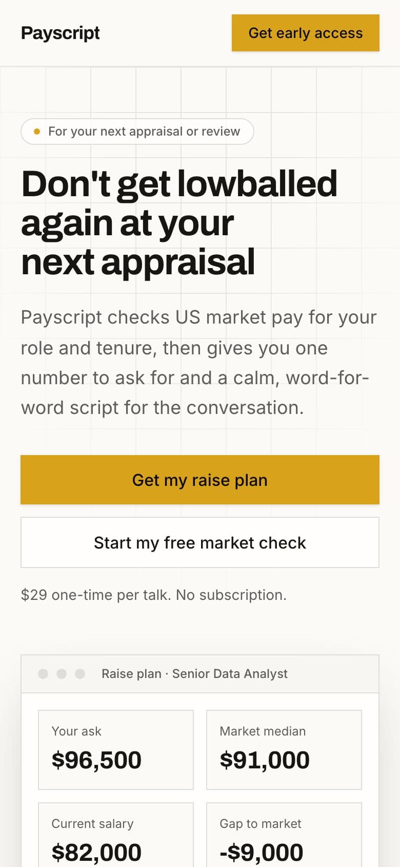 Payscript landing page example for the Raise and Offer Prep Coach idea, phone