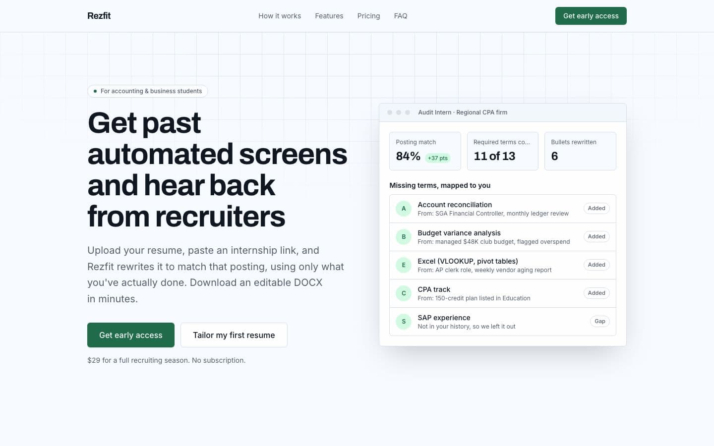 Rezfit landing page example for the Resume Help for New Grads idea, desktop