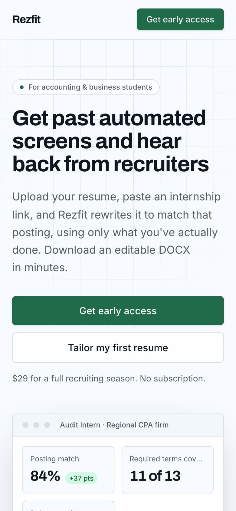 Rezfit landing page example for the Resume Help for New Grads idea, phone