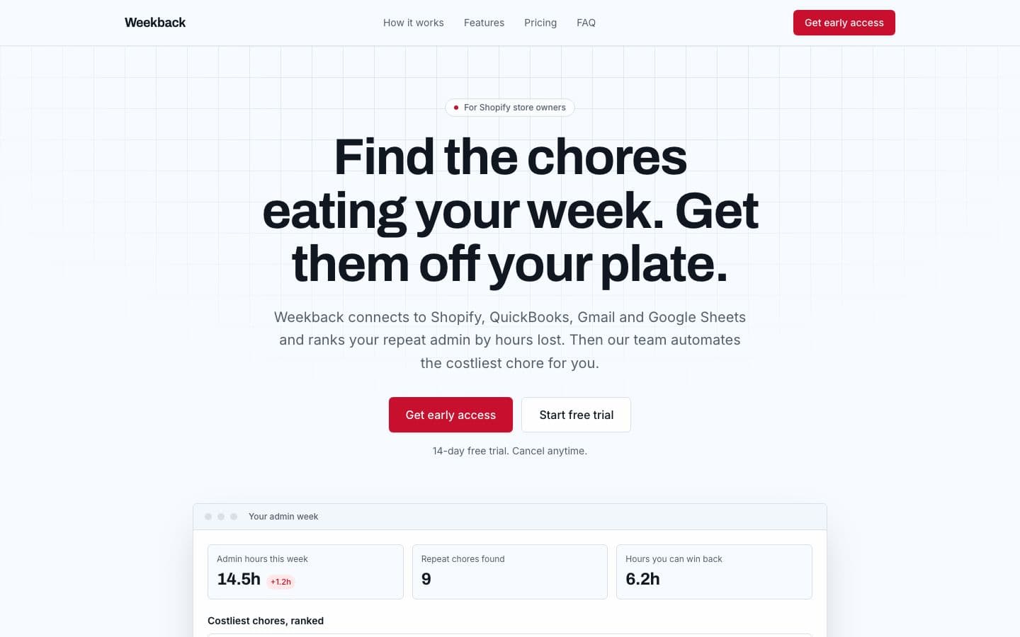 Weekback landing page example for the Small Business Admin Offload idea, desktop