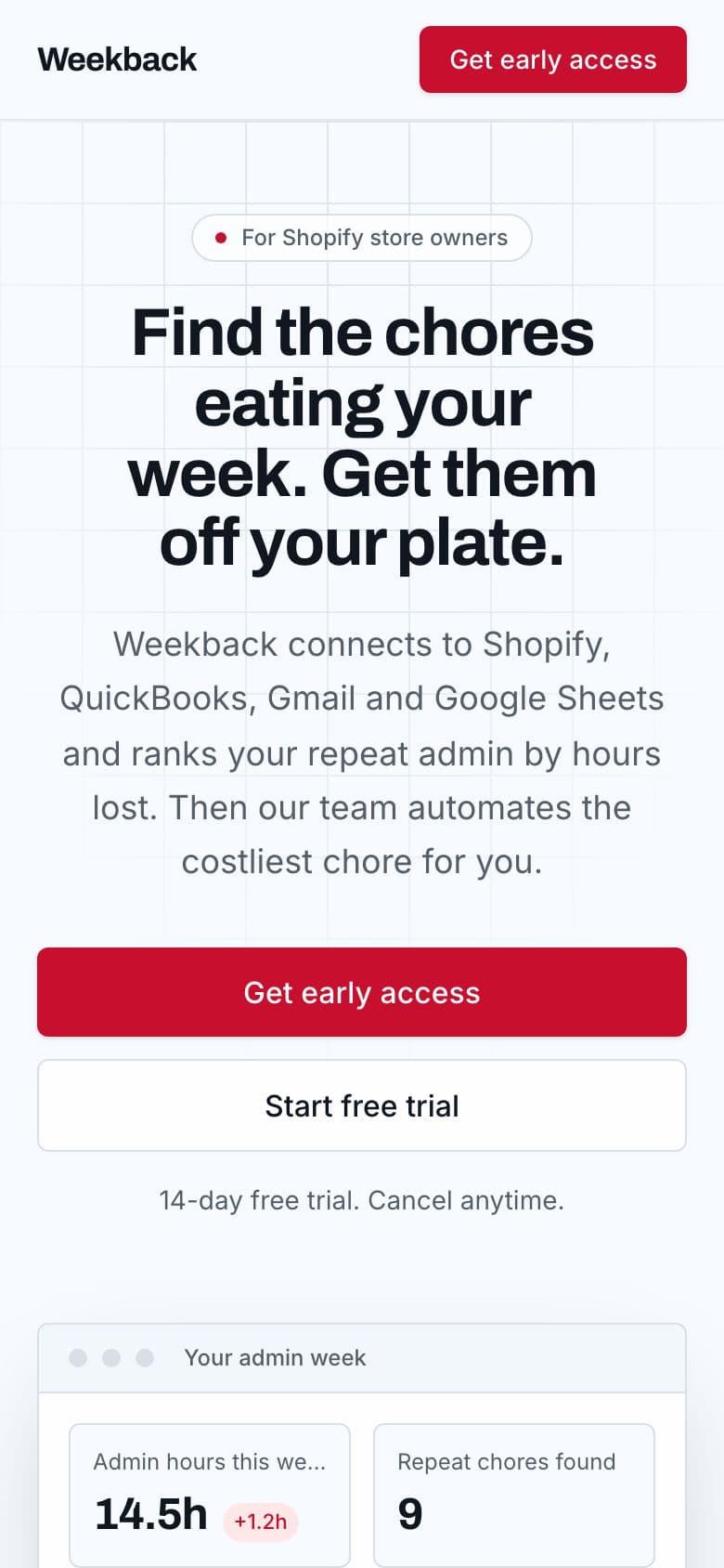 Weekback landing page example for the Small Business Admin Offload idea, phone
